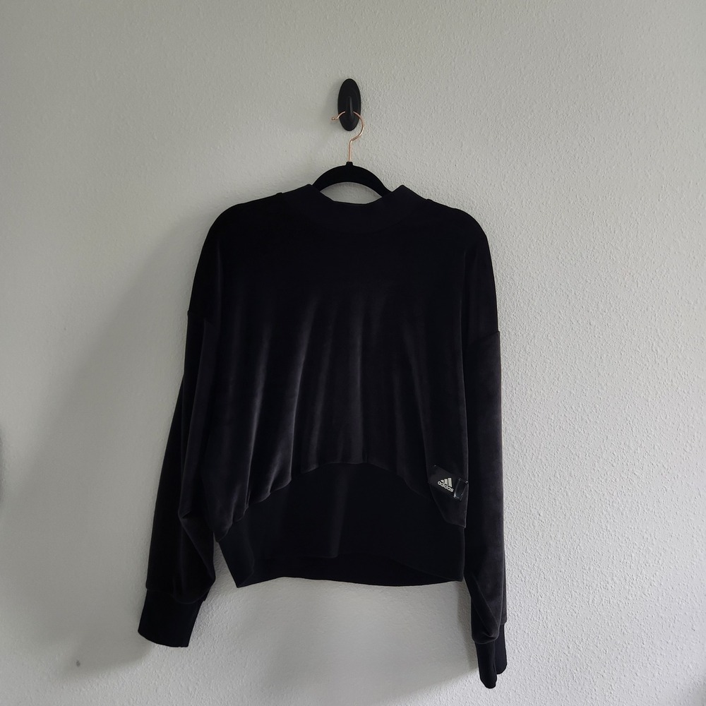 Adidas Womens Velvet Mock Neck Sweatshirt Black Velour High Low Pullover Large